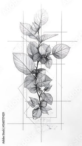 A detailed black and white illustration of a plant on white background
