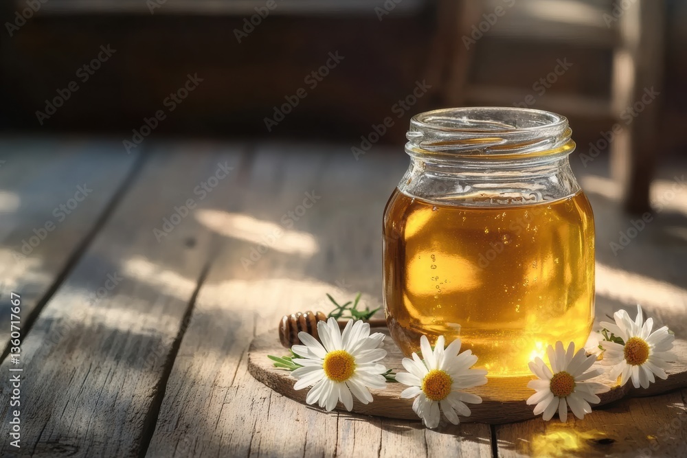 Harvesting honey in a rustic setting with daisies natural honey jar on wooden table warm light rustic charm Harvesting honey in a rustic setting with daisies natural honey jar on wooden table warm light rustic charm