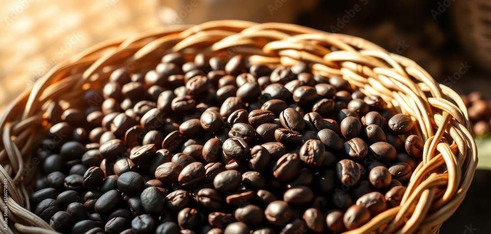 Obraz premium Dark roasted coffee beans in woven basket, sunlight highlights texture, high resolution, basket