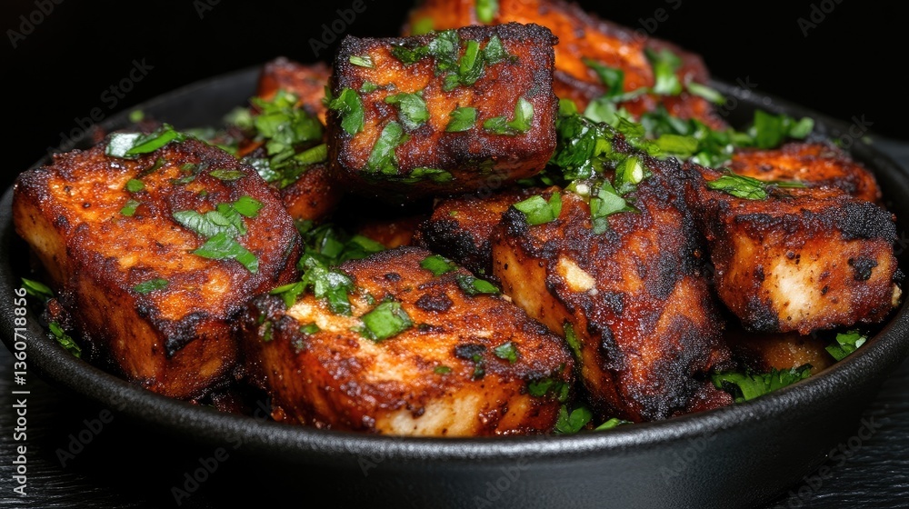 Crispy, spiced tofu cubes, garnished with fresh herbs Crispy, spiced tofu cubes, garnished with fresh herbs