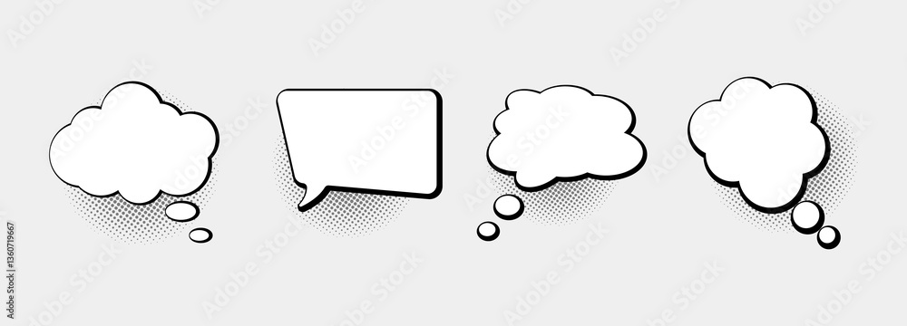 Fototapeta premium Set of empty comic speech bubbles with black halftone shadow on white background. Thinking bubbles, hand drawn pop art and vintage speech clouds design