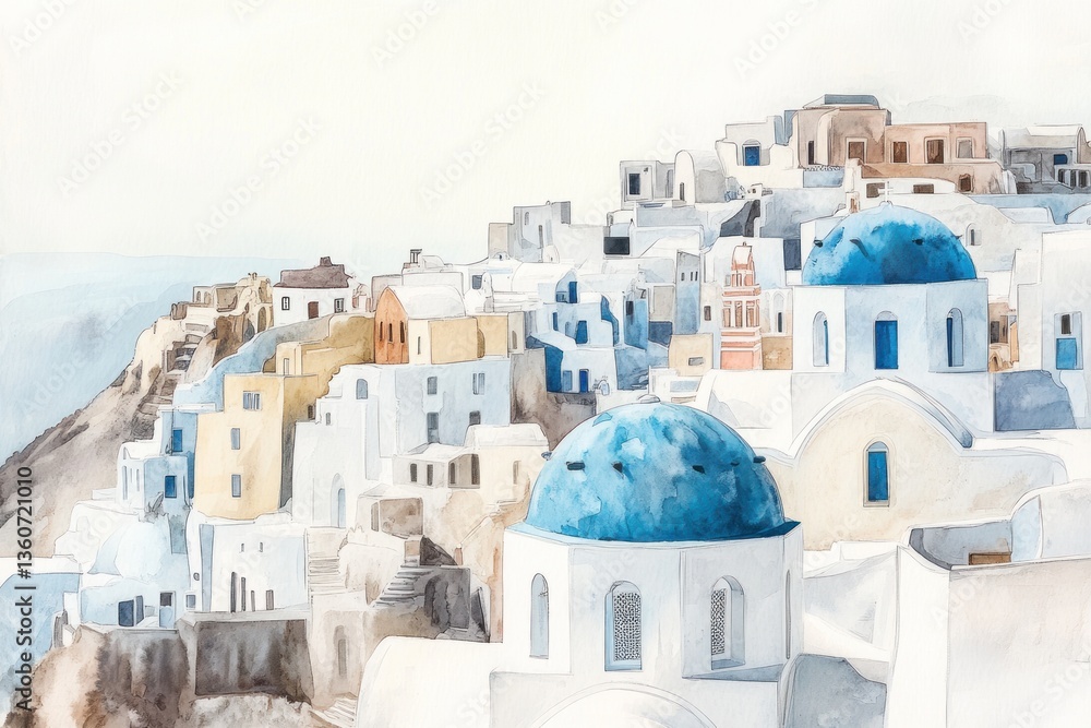 Fototapeta premium A watercolor painting showing a charming coastal town scene