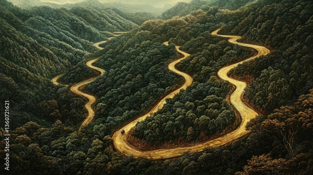 Obraz premium Winding mountain road through lush green forest, aerial view.