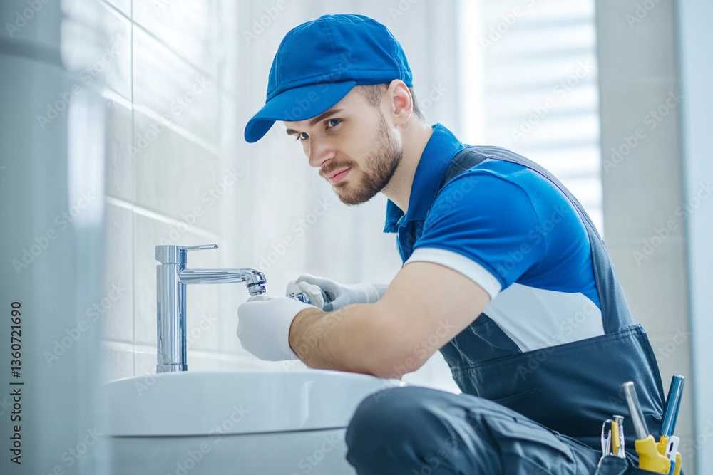 Man in uniform fixing toilet parts in a simple and modern bathroom setting Man in uniform fixing toilet parts in a simple and modern bathroom setting