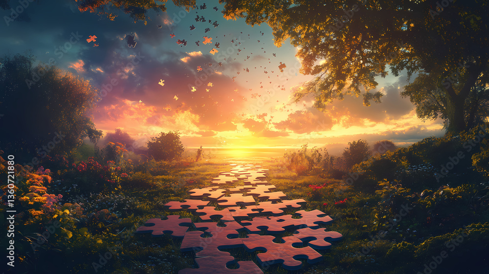 A path made of jigsaw puzzle pieces leads into a bright horizon, symbolizing piecing together a new future. Dreamlike Growth. Illustration A path made of jigsaw puzzle pieces leads into a bright horizon, symbolizing piecing together a new future. Dreamlike Growth. Illustration