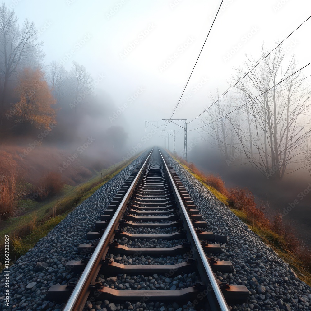Fototapeta premium Single track railway disappearing into morning mist, train track, blue, damp