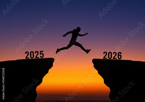 Silhouette Man Jumping 2025 to 2026 New Year Goal