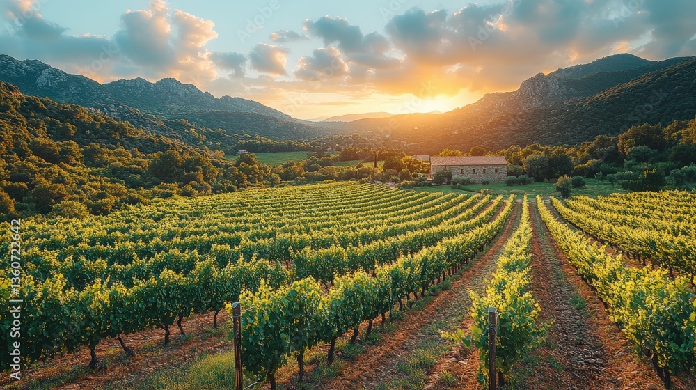 Fototapeta premium Stunning vineyard at sunset, rolling hills, rustic farmhouse, idyllic rural landscape. Perfect for wine, travel, and agriculture themes.