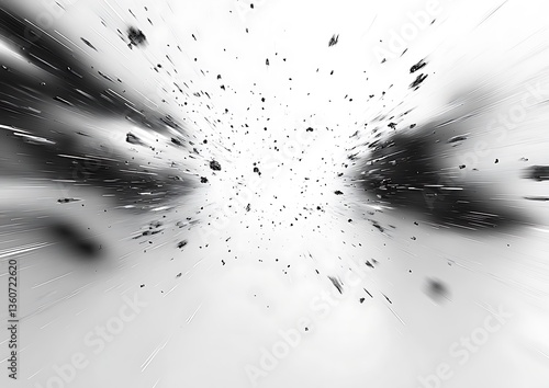 A dynamic illustration of black debris exploding outward from center