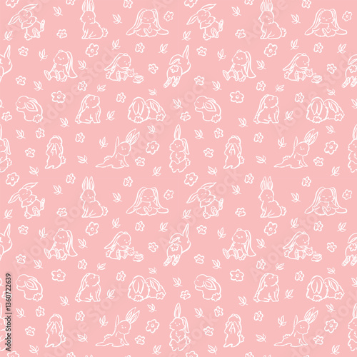 Cute bunny doodle pattern with stars for textile, packaging. Vector illustration.