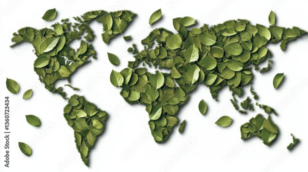 World map made of lush fresh green leaves