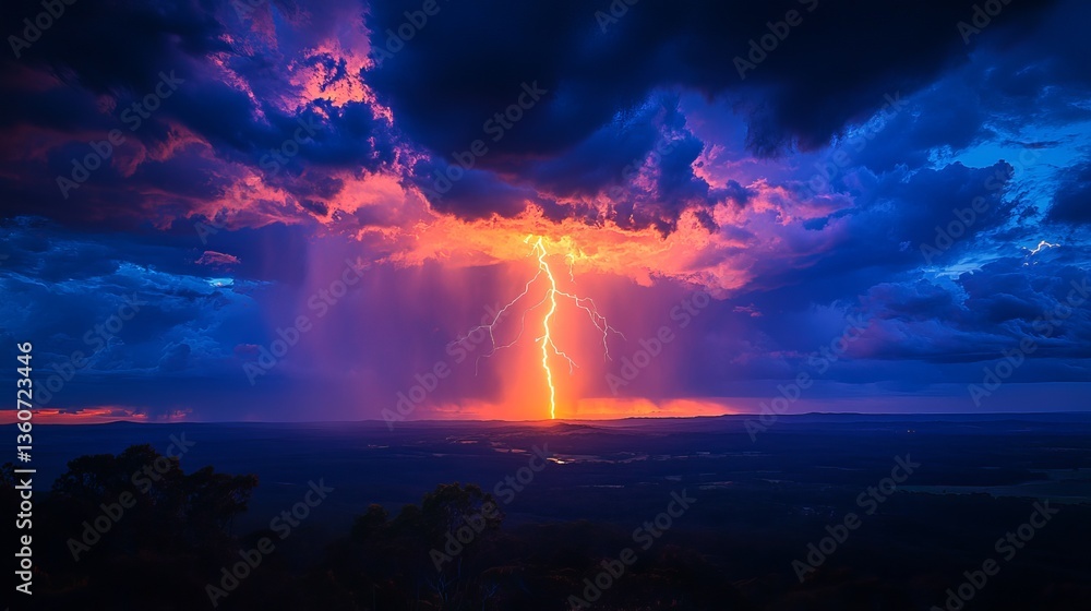 Fototapeta premium Dramatic Lightning Strike at Sunset Fiery Orange and Blue Sky Stunning Nature Photography Powerful Storm Cloudscape Intense Weather Phenomenon 