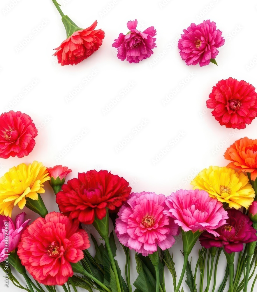 Fototapeta premium Vibrant fresh carnations, various colors, pristine white backdrop, vibrant, design element, botany