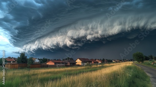 Dramatic storm clouds looming over suburban houses and rural landscape