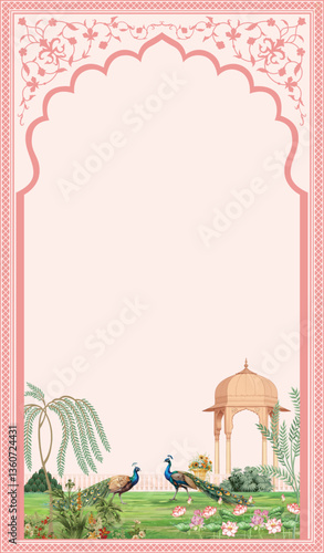 Traditional Mughal wedding invitation. Mughal wedding invitation card design.
