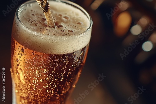 Wallpaper Mural Close up of golden beer pouring into glass, creating foamy head and condensation droplets on side, perfect for showcasing the craft brewing and refreshing taste. Torontodigital.ca