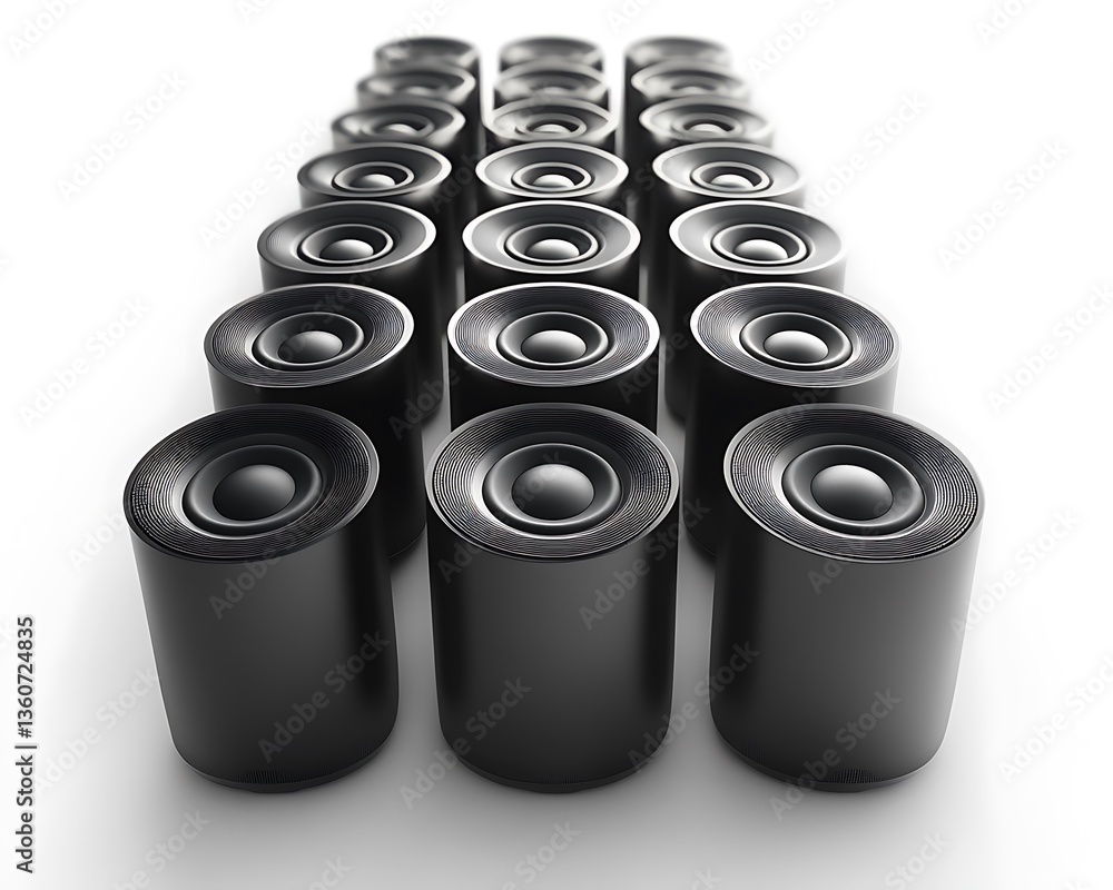 Cylindrical black audio speakers arranged neatly on a white surface Cylindrical black audio speakers arranged neatly on a white surface