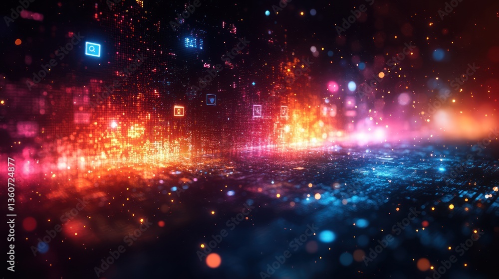 Abstract digital data stream with glowing particles and icons. Abstract digital data stream with glowing particles and icons.