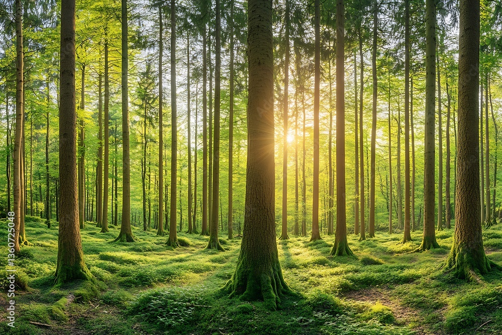 Fototapeta premium Tall evergreen trees in a sunny forest with green undergrowth