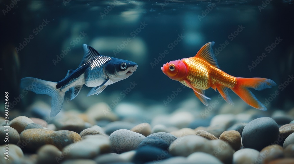 Naklejka premium Colorful koi and goldfish swimming in pebble-lined aquarium