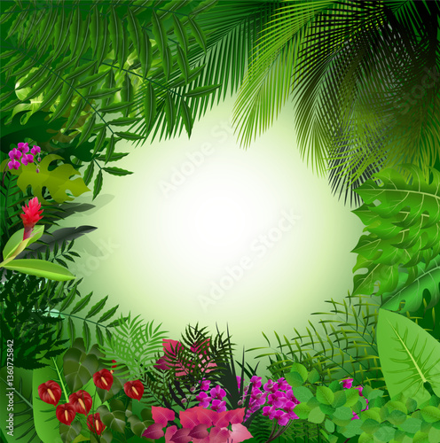 Dense jungle thickets with beautiful flowers with soft green background