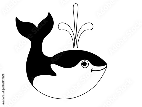 Cute funny whale. Black and white image of a marine mammal. Logo or sign depicting a whale from the fountain from the back. The whale wags its tail.	