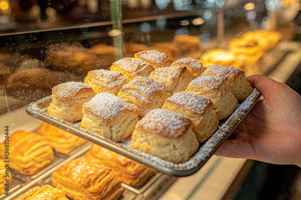 Close-up of hand holding a tray of freshly baked scones dusted with powdered sugar in a bakery shop display, highlighting delicious dessert. Close-up of hand holding a tray of freshly baked scones dusted with powdered sugar in a bakery shop display, highlighting delicious dessert.