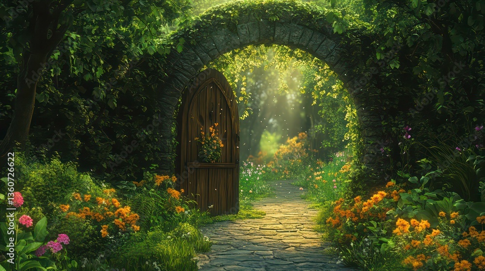 Obraz premium Enchanted green country scenery features magical arched gateway. Vegetation frames pathway leading to wonderland. Vibrant flowers bloom in magical garden. Wooden door welcomes. Dreamlike atmosphere
