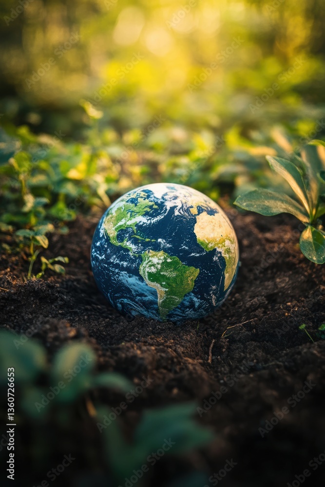 Planet earth with lush green plants. Earth day theme.