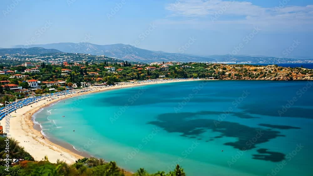 Beautiful beach with turquoise waters and distant mountains in bright daylight at a popular vacation destination Beautiful beach with turquoise waters and distant mountains in bright daylight at a popular vacation destination