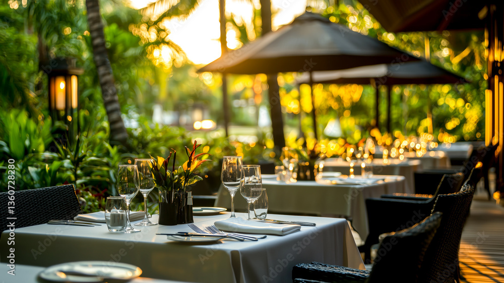 Elegant outdoor dining experience with lush greenery and sunset lighting, creating a warm and inviting atmosphere for guests.