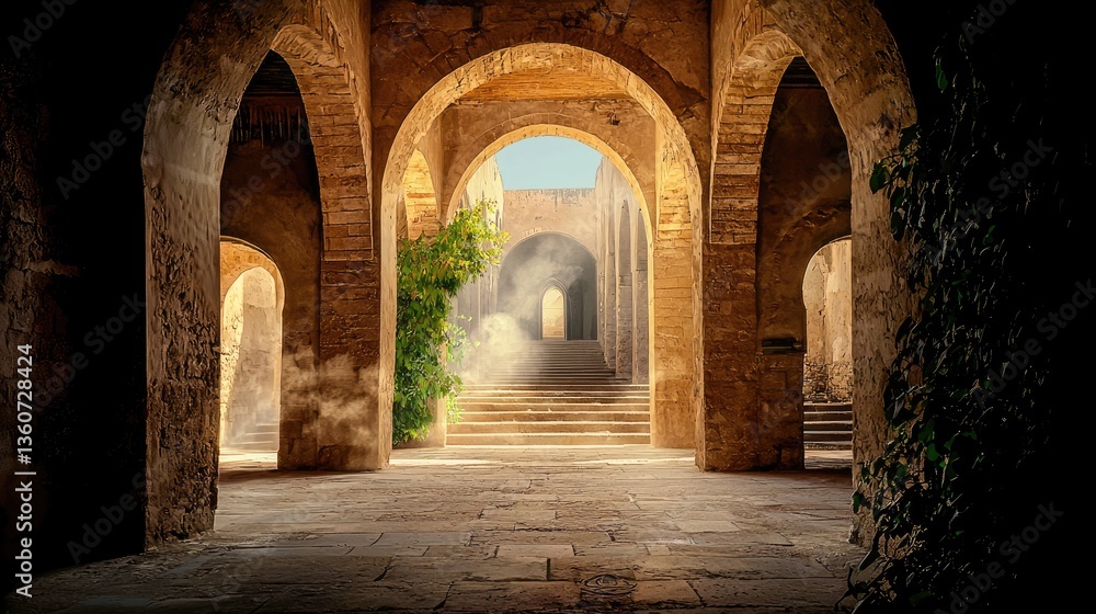 Fototapeta premium Cloudy beige mist enveloping ancient archways, creating a surreal and ethereal atmosphere.