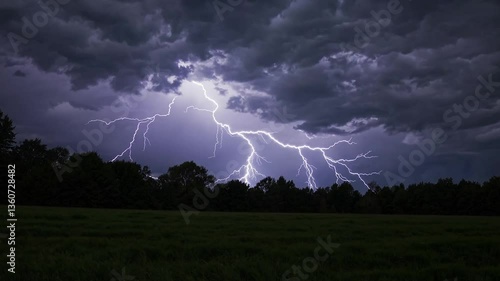 Dramatic storm clouds and striking lightning over lush green field