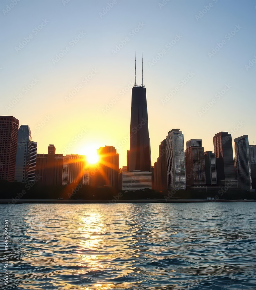 Obraz premium Golden hour sun sets over Chicago's skyscrapers reflected in Lake Michigan's calm waters, buildings, lake Michigan, top