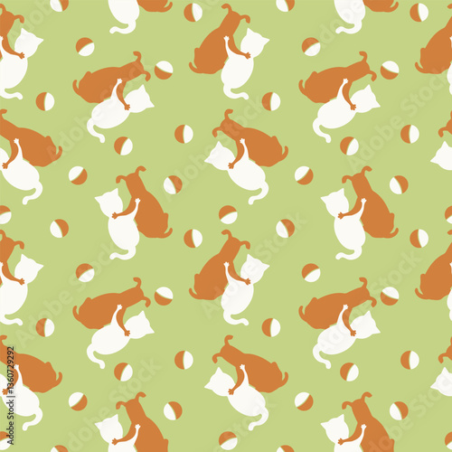 Cheerful seamless pattern in pastel colors, light green and beige about friendship, cat and dog hugging, for fabric, knitwear, children's print for clothes, Vector
