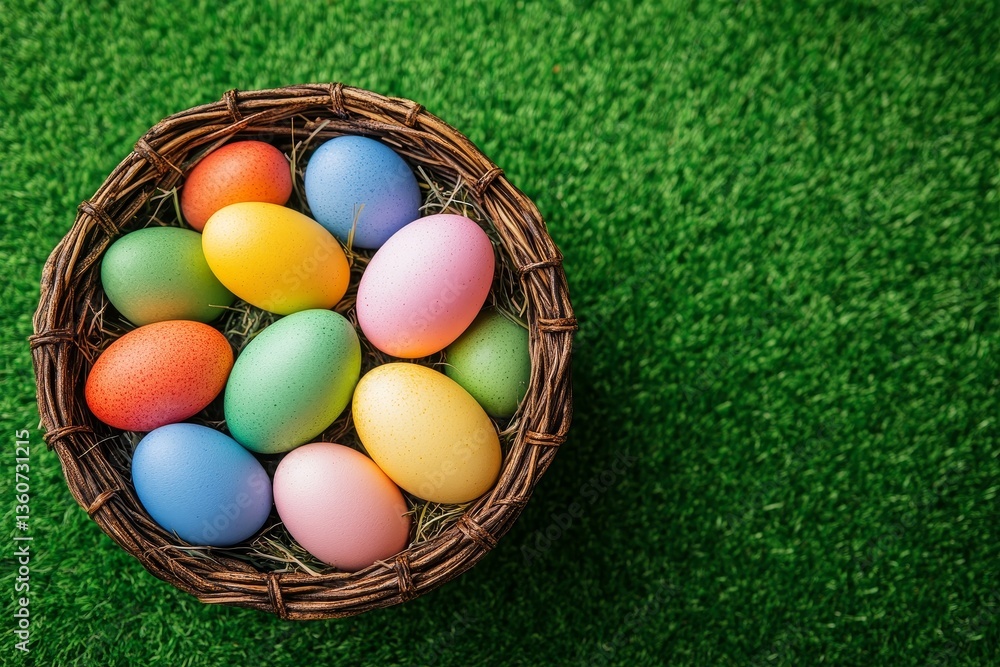 Naklejka premium A basket of colorful Easter eggs rests on green grass, captured from an overhead perspective, leaving space for text