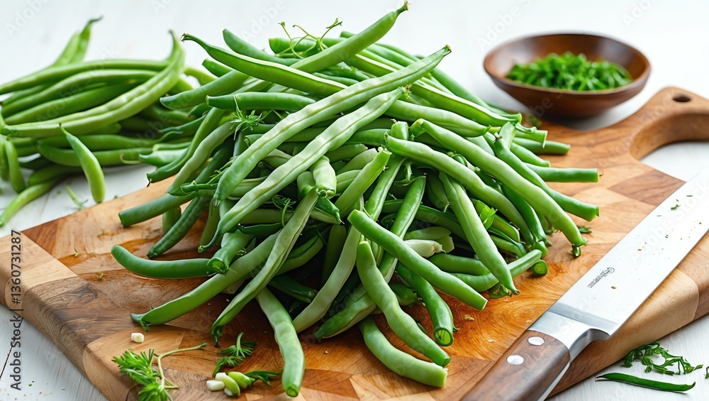 string beans on a chopping board on white background string beans on a chopping board on white background
