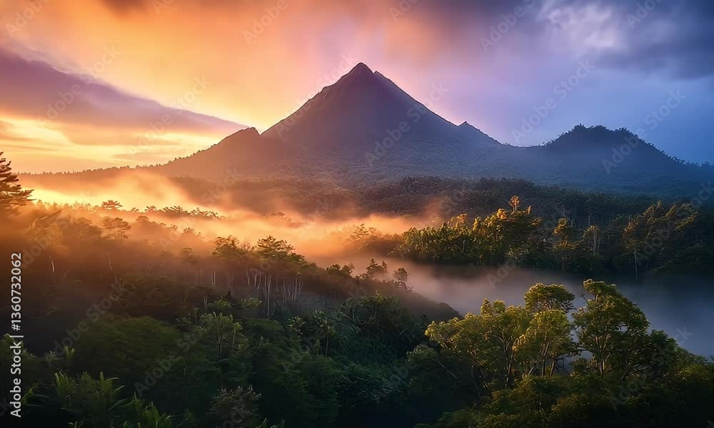 Sunrise over misty volcanic mountains Sunrise over misty volcanic mountains