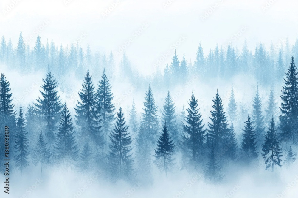 Fototapeta premium A misty forest landscape with tall evergreen trees depicted