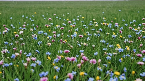 Vibrant wildflower meadow swaying in spring breeze