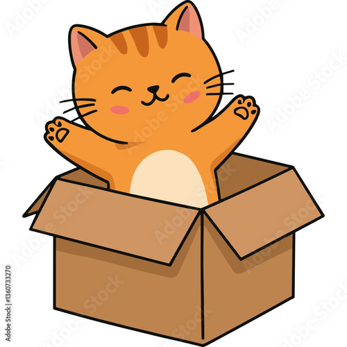 Happy orange cat in cardboard box cartoon illustration vector graphic style. Cute kitten character with paws up in box