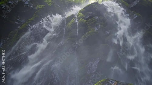 Serene waterfall flowing over mossy rocks in lush green forest