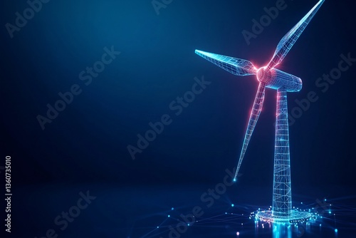 Clean Energy Innovation: A cutting-edge illustration of a wind turbine, rendered in a futuristic style, set against a deep blue backdrop, showcasing technological advancement and sustainability.