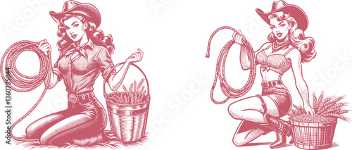 Set of Pin-Up Cowgirl Engraving Design: Lasso in One Hand, Basket in the Other – Vintage Western Style Art
