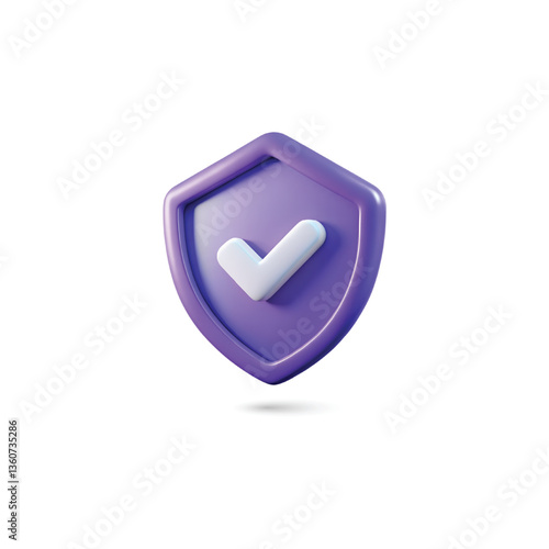 3D Purple Gradient Shield Icon with White Checkmark, Minimalist Security Symbol and Glossy Finish. Vector Illustration Design