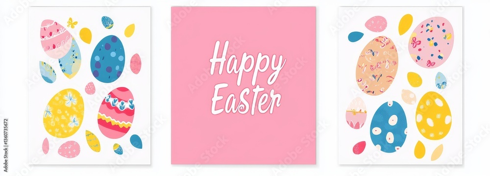 Design a flat-style postcard template with silhouettes of Easter eggs, a rabbit, and flowers, accompanied by a pastel-colored illustration of an Easter hare and eggs, and a text space, all in modern Design a flat-style postcard template with silhouettes of Easter eggs, a rabbit, and flowers, accompanied by a pastel-colored illustration of an Easter hare and eggs, and a text space, all in modern