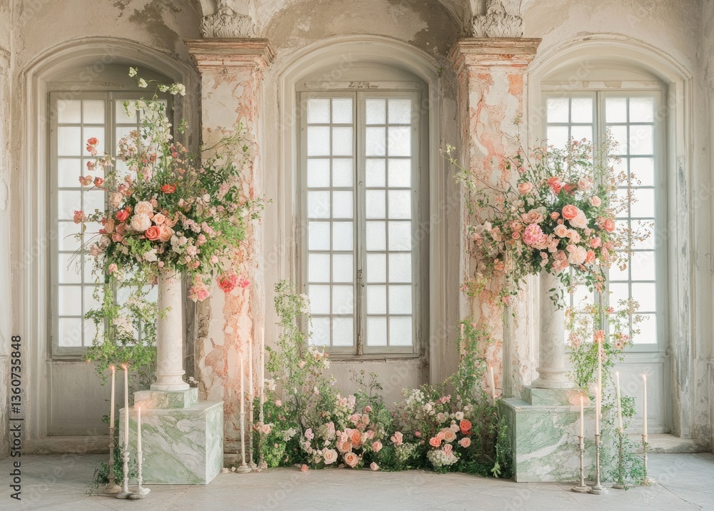 Floral arrangements and architectural details are showcased in a room Floral arrangements and architectural details are showcased in a room