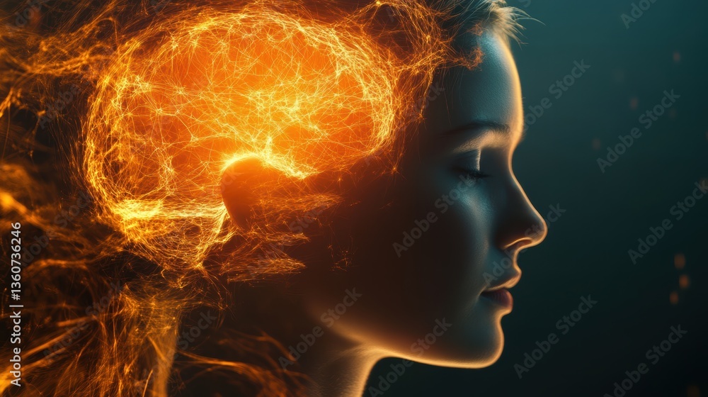 Obraz premium Brain Network Inside Female Head With Glowing Effect