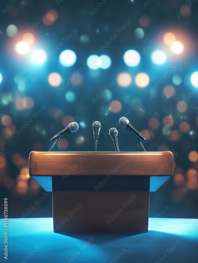 Modern political podium with multiple microphones in a professional setting and an engaged audience atmosphere Generative AI