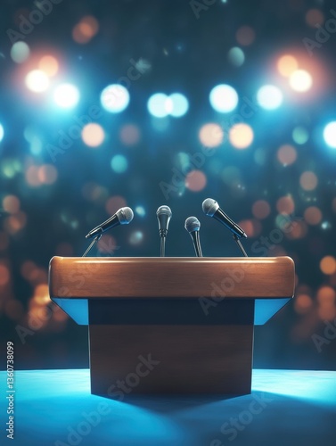 Obraz na płótnie Modern political podium with multiple microphones in a professional setting and an engaged audience atmosphere Generative AI w salonie